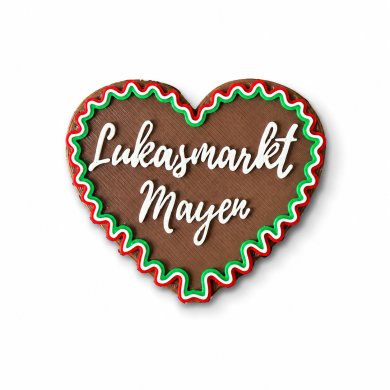 Magnet Lukasmarkt Abbldung eines Magneten, der Aussieht wie ein Lebkuchenherz mit Zuckerguss in Mayenfarben mit der Aufschrift Lukasmarkt Mayen