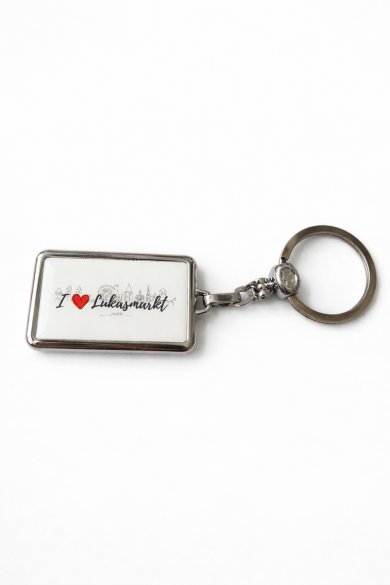 Schlüsselanhänger weiß/silber mit I Herz Lukasmarkt und Silhouette