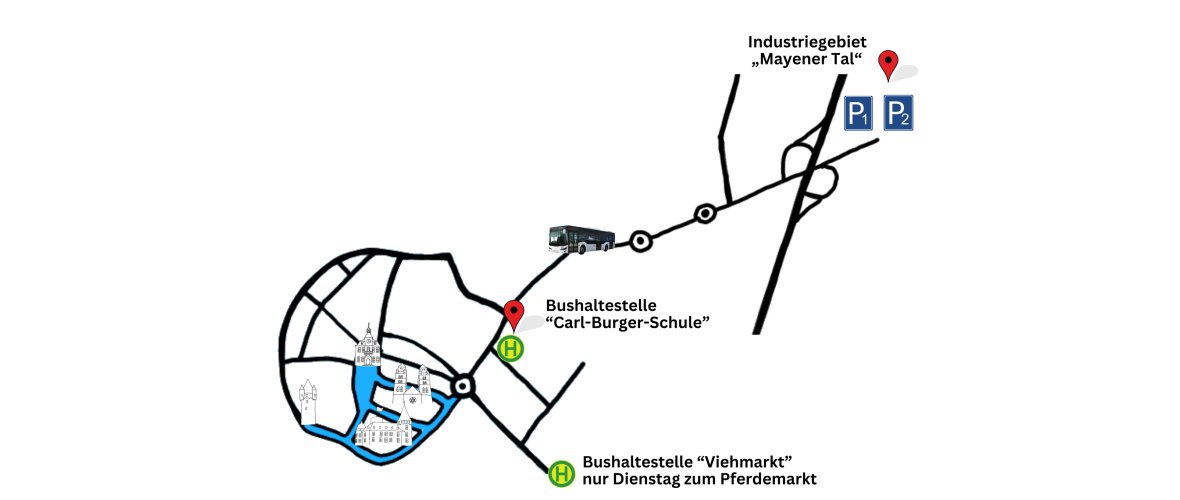 Grafik von der Park and Ride Stecke mit Parkflächen und Bushaltestelle