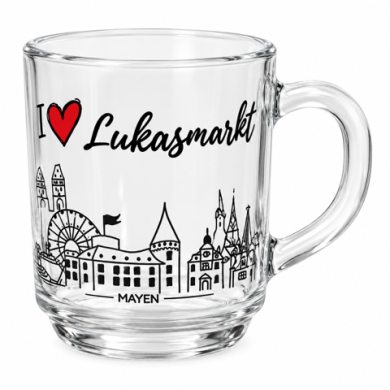 Lukasmarkt Tasse Glastasse mit I Love Lukasmarkt Schriftzug und Silhouette